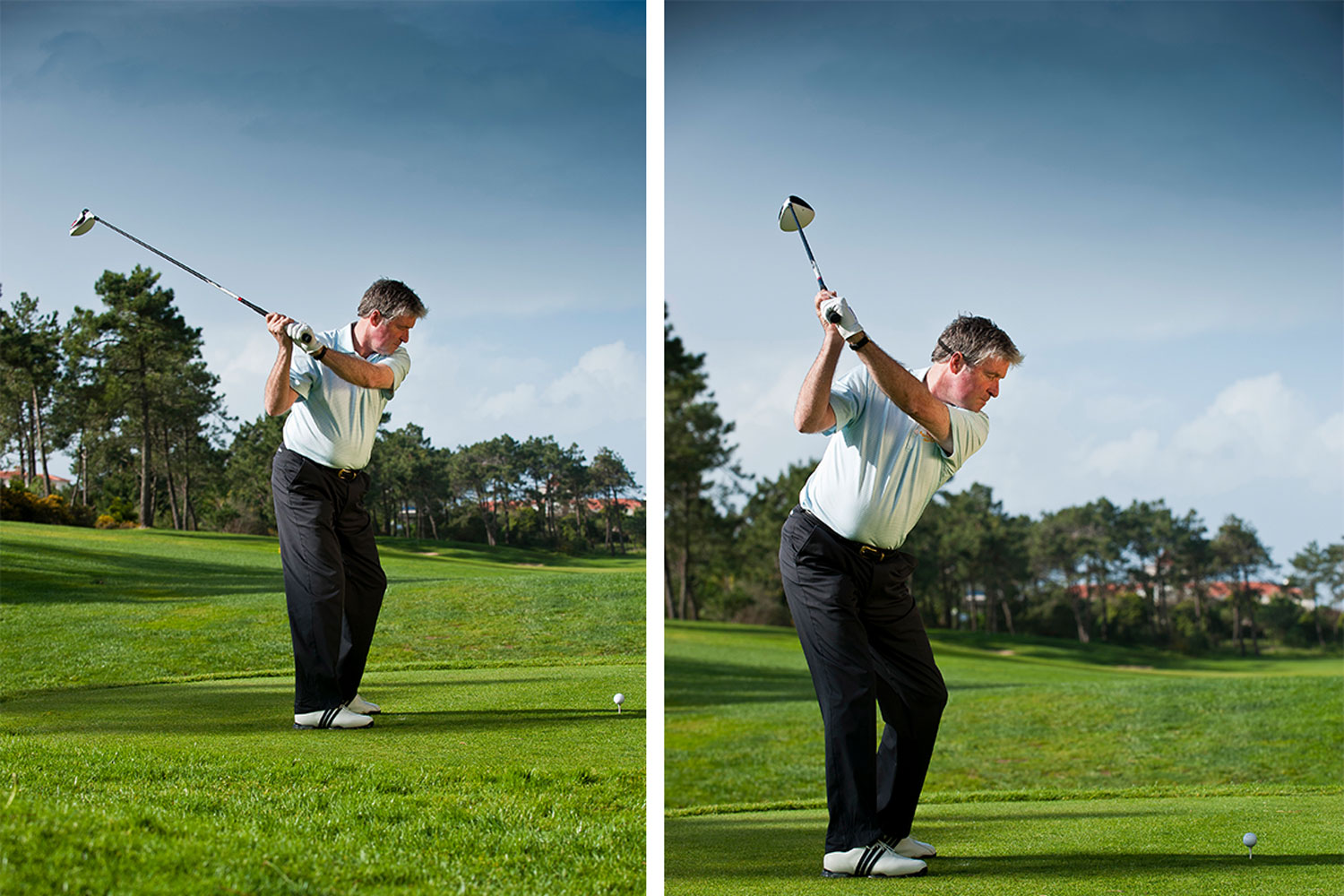 Two images of Andrew Reynolds side-by-side, on the left he is demonstrating the incorrect swing path that often leads to a slice, and on the right he is demonstrating the correct swing path for a long, powerful hit with driver