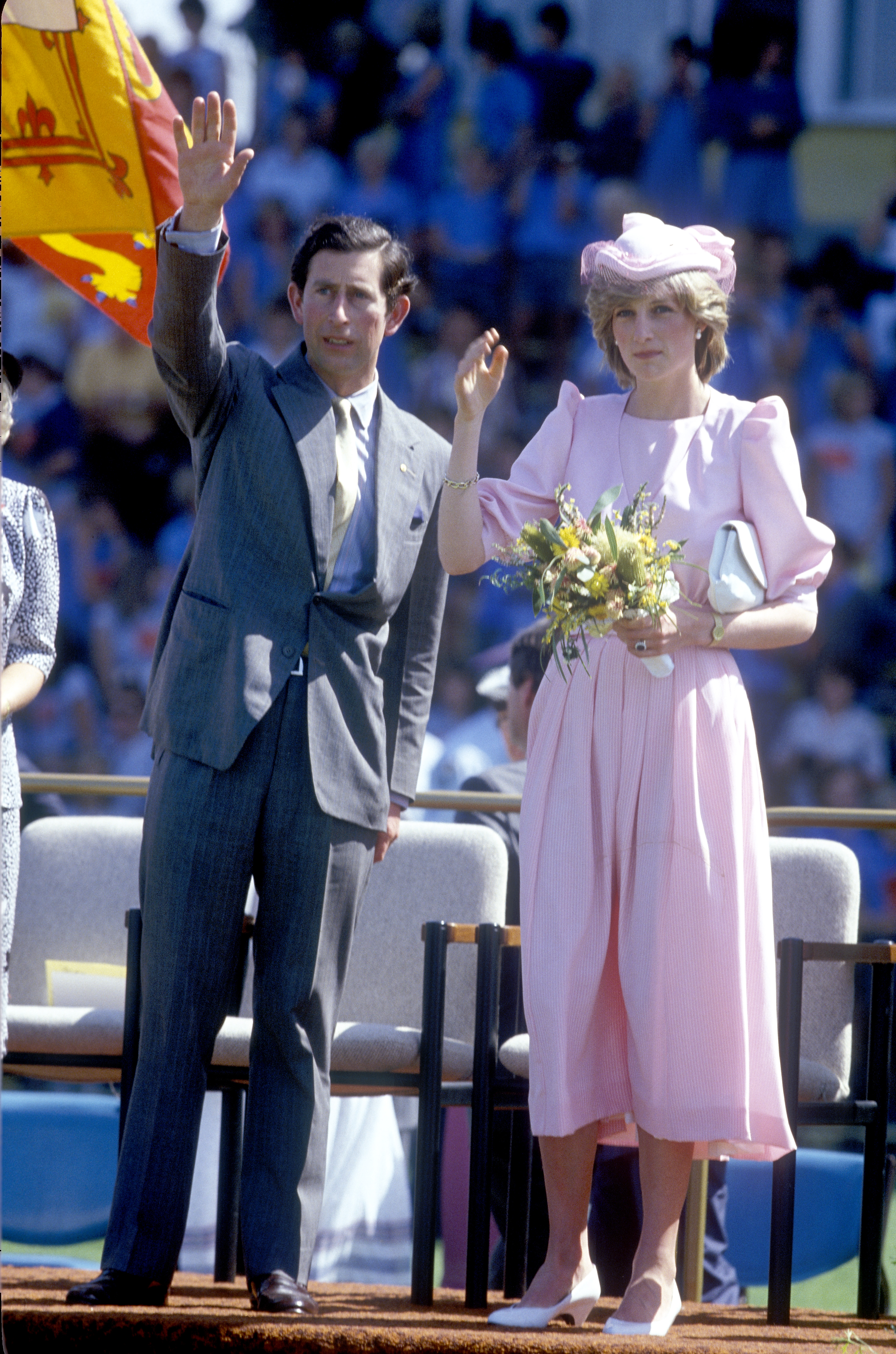 Prince Charles and Princess DIana in Maitland, New South Wales, Diana is wearing a dress by Catherine Walker, March 29, 1983