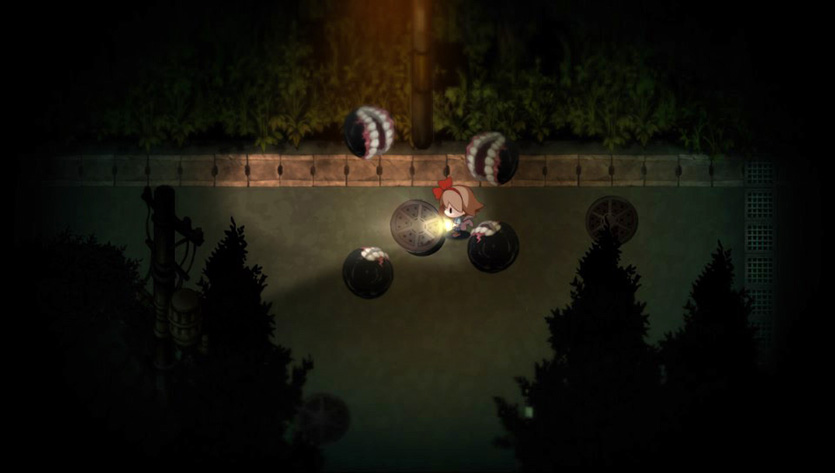 Enemies close in as you explore a street in Yomawari: Night Alone