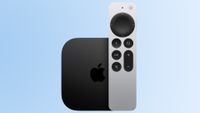 Apple TV 4K 2022 on a pale blue background, with Siri remote
