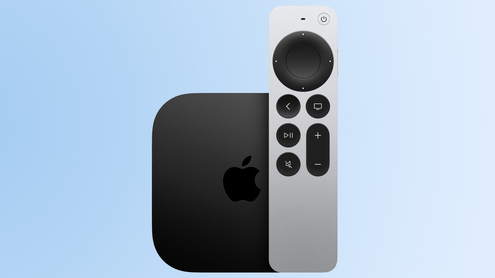 Apple TV 4K 2022 dengan latar belakang biru pucat, dengan remote Siri