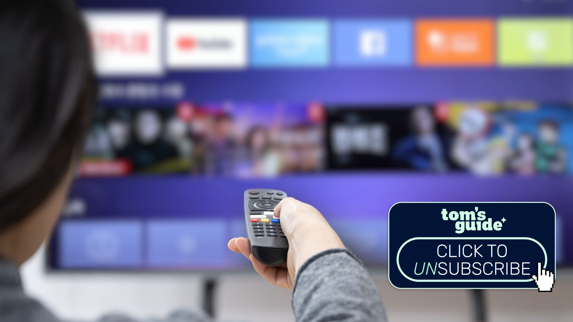 woman using remote control on smart tv with Tom's Guide click to unsubscribe badge
