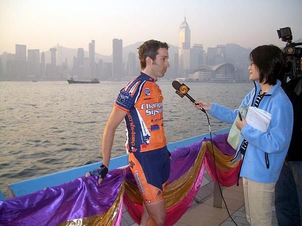 David Sommerville attends to the press before the start of stage 1.