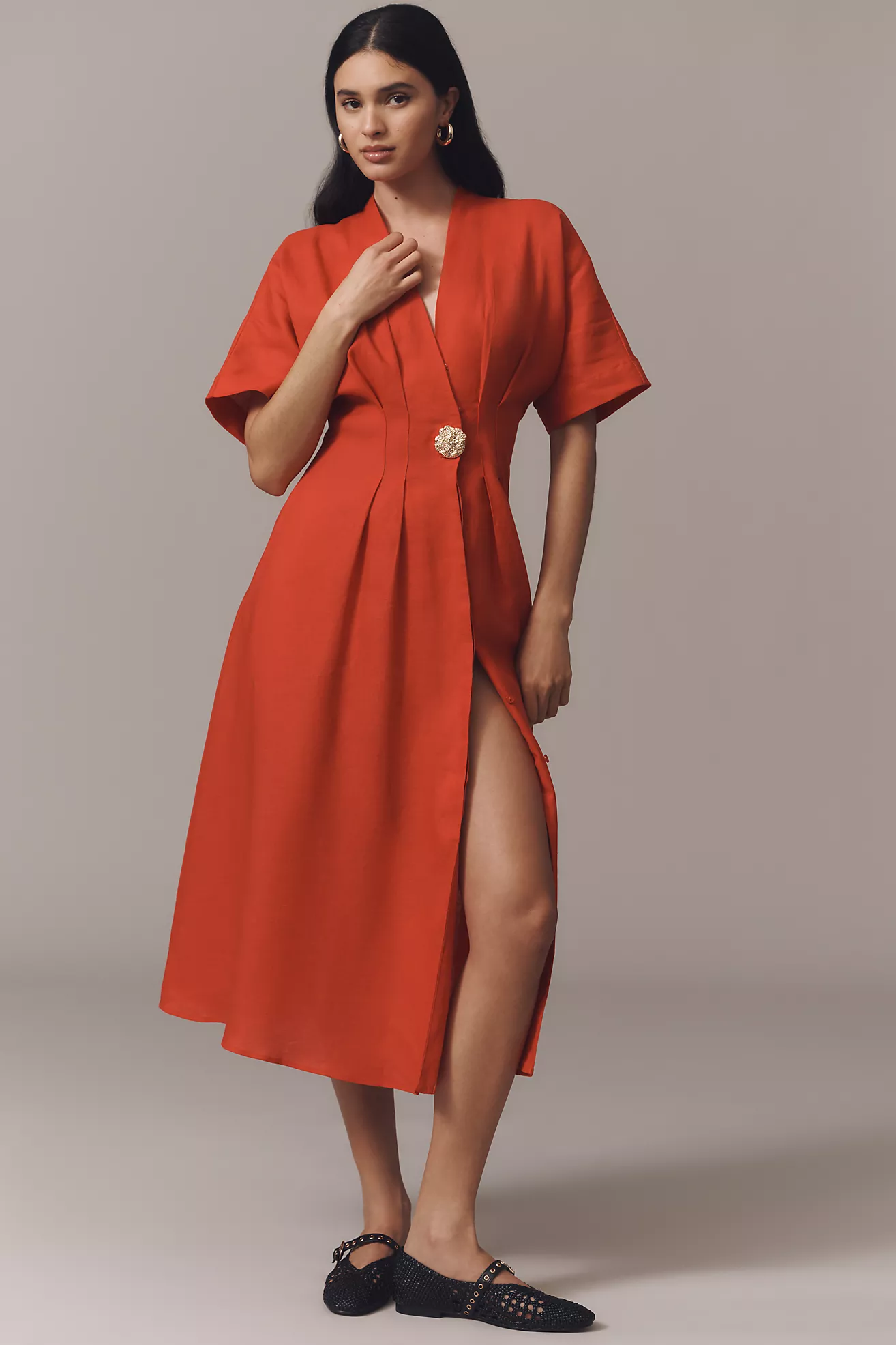 The Tobie Button-Front Pleated Shirt Dress by Exquise: Linen Edition