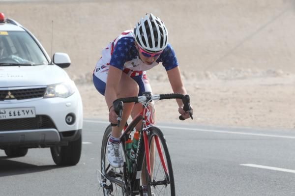Kendall Ryan (United States) persisted with her break until just before the second sprint point at 42km