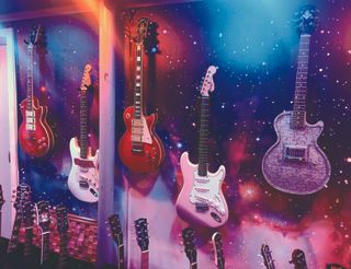 A wall of guitars in Ace Frehley's home