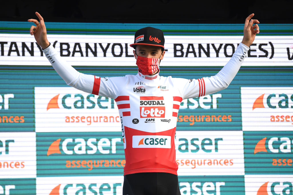 PLA DE LESTANY BANYOLES SPAIN MARCH 23 Podium Sylvain Moniquet of Belgium and Team Lotto Soudal Red Mountain Jersey Celebration during the 100th Volta Ciclista a Catalunya 2021 Stage 2 a 185km Individual Time Trial stage from Pla de LEstany Banyoles to Pla de LEstany Banyoles 145m ITT Mask Covid Safety Measures VoltaCatalunya100 on March 23 2021 in Pla de LEstany Banyoles Spain Photo by David RamosGetty Images