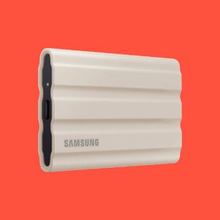 Samsung T7 Shield external SSD on colourful background