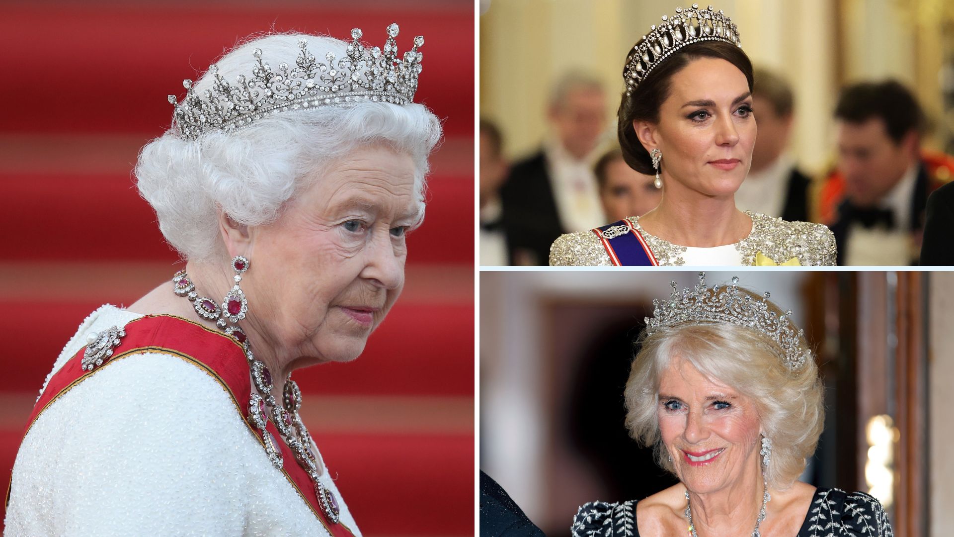 A composite of a picture of Queen Elizabeth in 2015, a picture of Kate Middleton in 2022 and a picture of Queen Camilla in 2023, all wearing tiaras