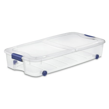 Sterilite 66 Quart Wheeled Latch Box, Clear Underbed Storage Bin With Lid, Blue