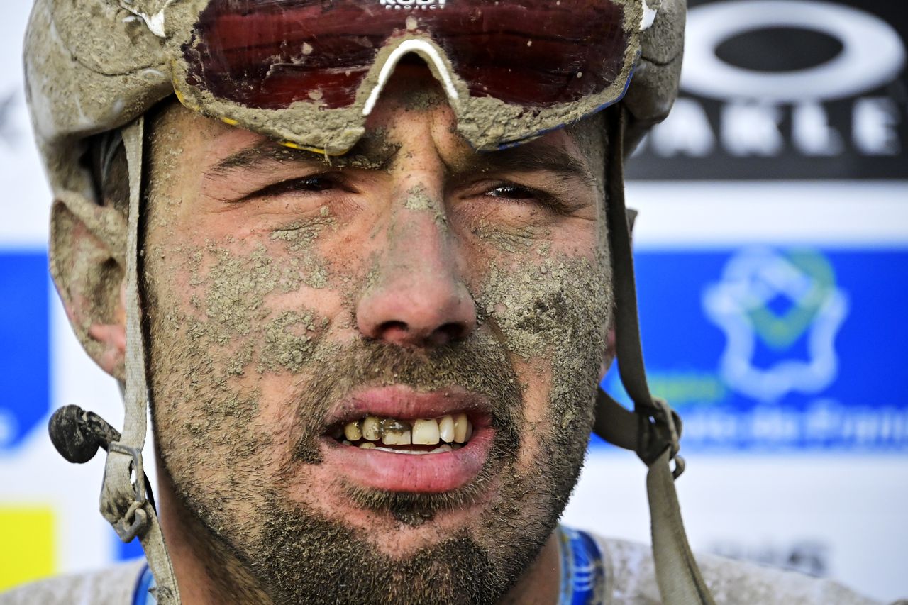 ROUBAIX FRANCE OCTOBER 03 Detailed view of Sonny Colbrelli of Italy and Team Bahrain Victorious covered in mud celebrates winning in the Roubaix Velodrome Vlodrome Andr Ptrieux after the 118th ParisRoubaix 2021 Mens Eilte a 2577km race from Compigne to Roubaix ParisRoubaix on October 03 2021 in Roubaix France Photo by Bernard Papon PoolGetty Images