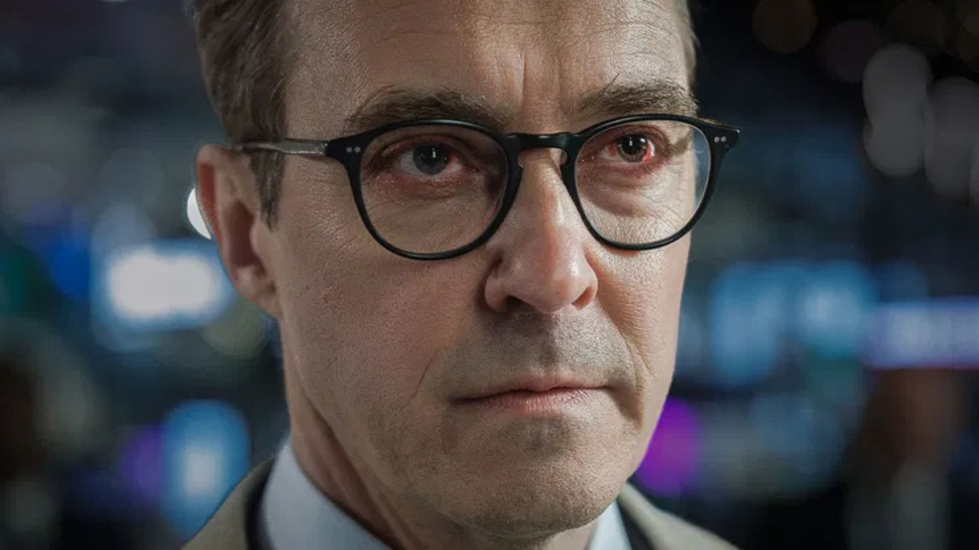 A man stares off-camera with bloodshot eyes