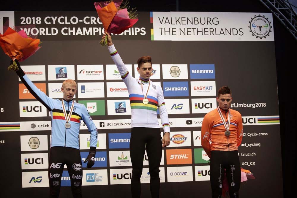 The elite men's podium at the UCI Cyclo-cross World Championships