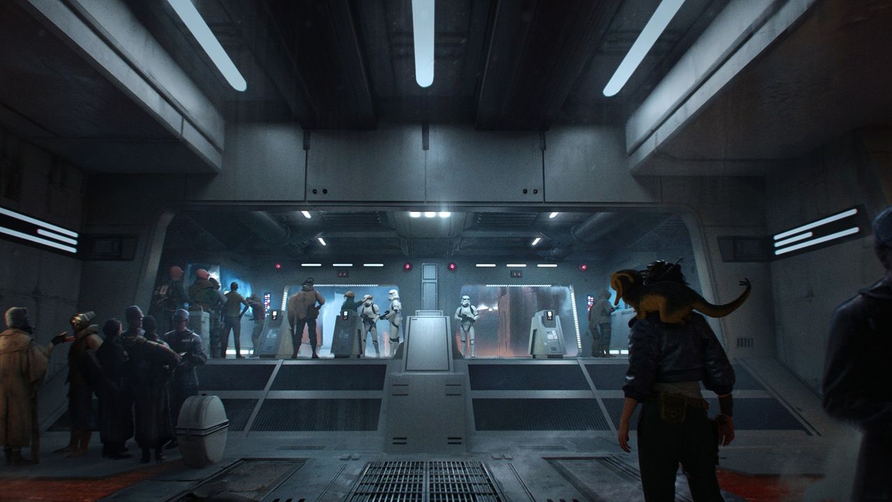 Kay Vess and Nix approach an Imperial checkpoint guarded by Storm Troopers in Star Wars Outlaws