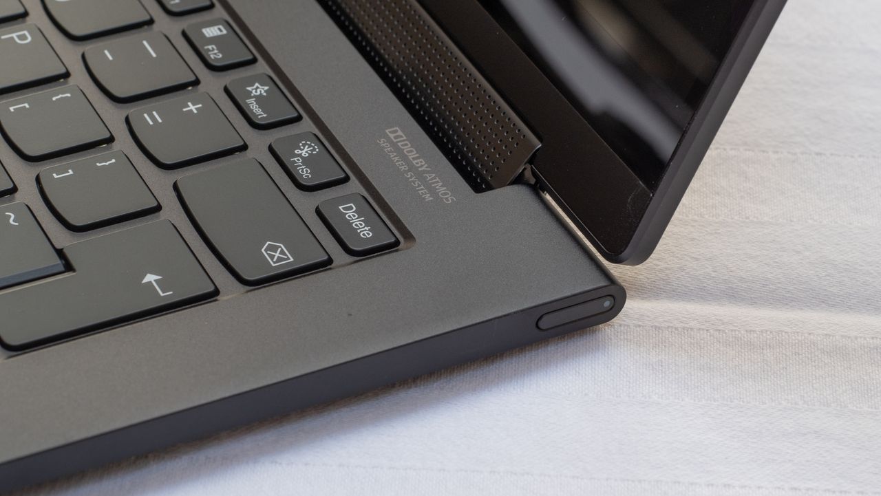 A closeup of the Lenovo Yoga 9i 14in (Shadow Black) power button