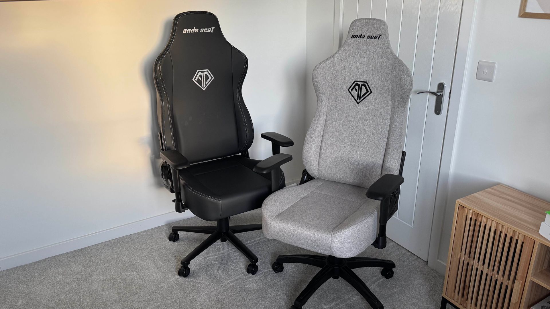 The fabric and leather AndaSeat Novis gaming chairs together