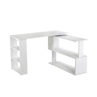 A white L-shaped desk with shelves