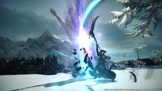 FFXIV Endwalker Reaper, doing some kind of spooky ability with their scythe in a snowy area. 