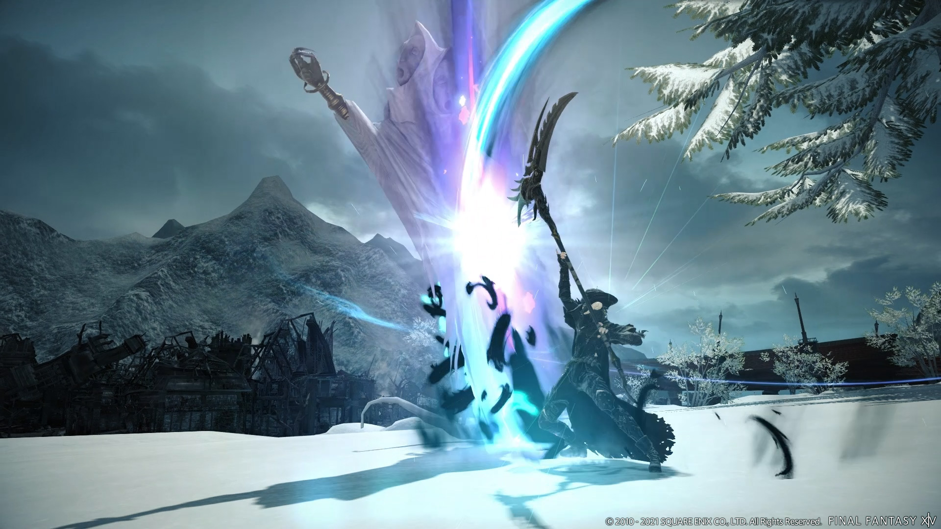 FFXIV Endwalker Reaper, doing some kind of spooky ability with their scythe in a snowy area.