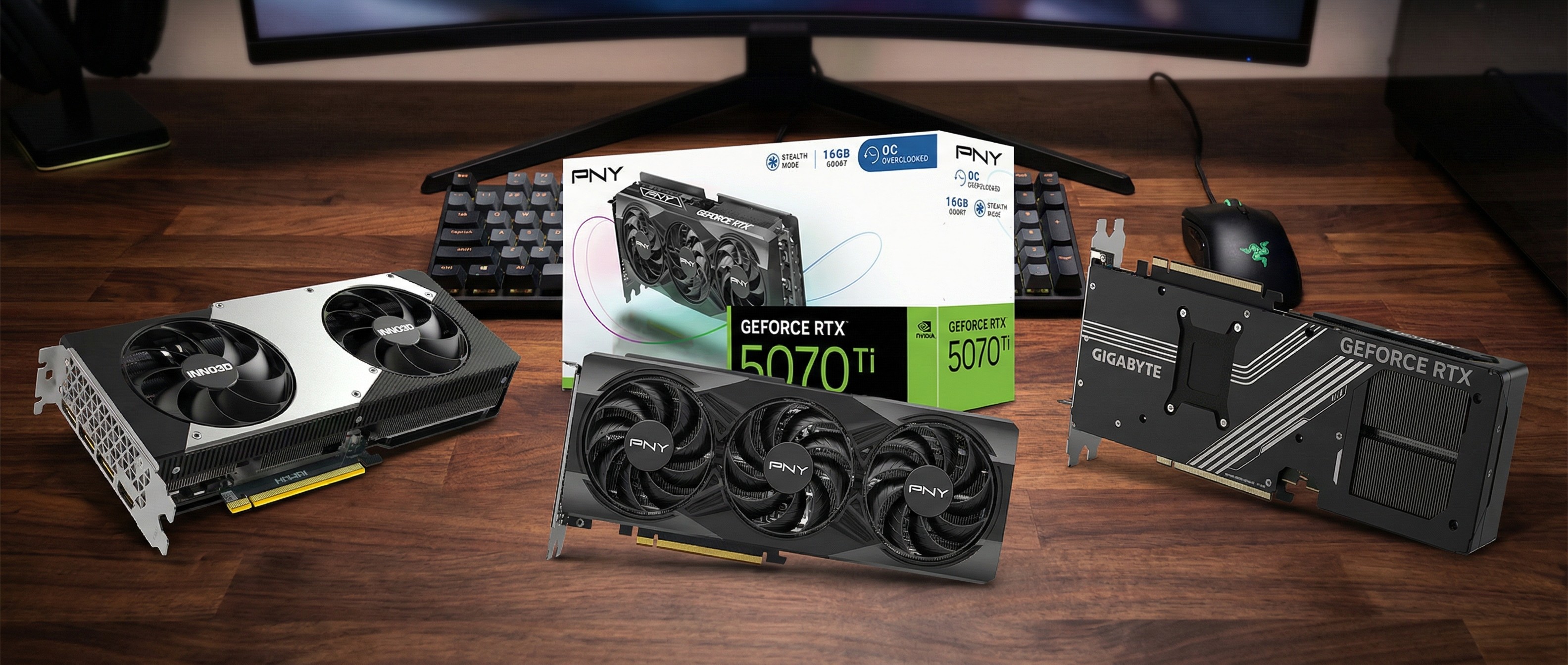 Nvidia RTX cards on a desk edited by Gemini