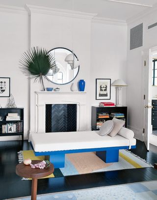 white living room ideas with pops of blue