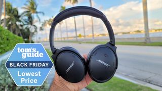 Bose QuietComfort 45 headphones with a Black Friday deals tag
