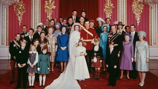 Princess Anne and Mark Phillips' wedding portrait, joined by their family and wedding party