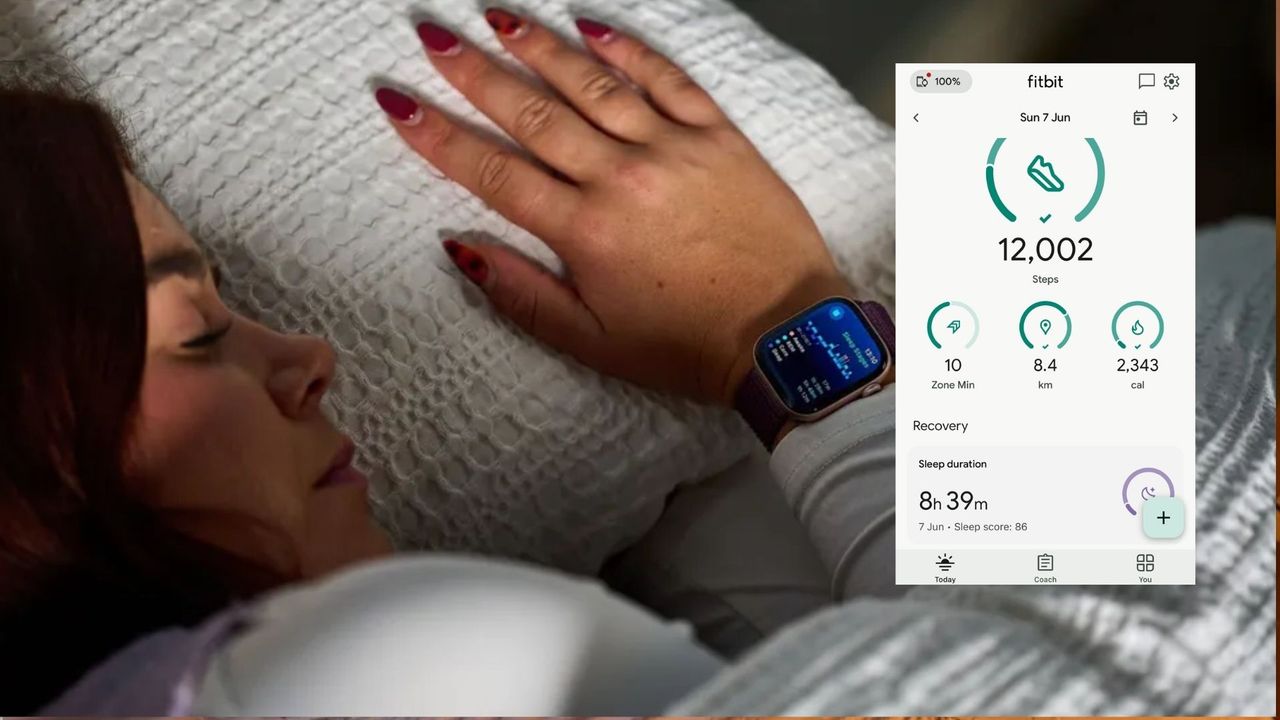 A dark haired woman sleeps on her side, resting on a white pillow and under a white duvet. On her wrist is an Apple Watch 10. Inset is sleep data from sleep tracking.