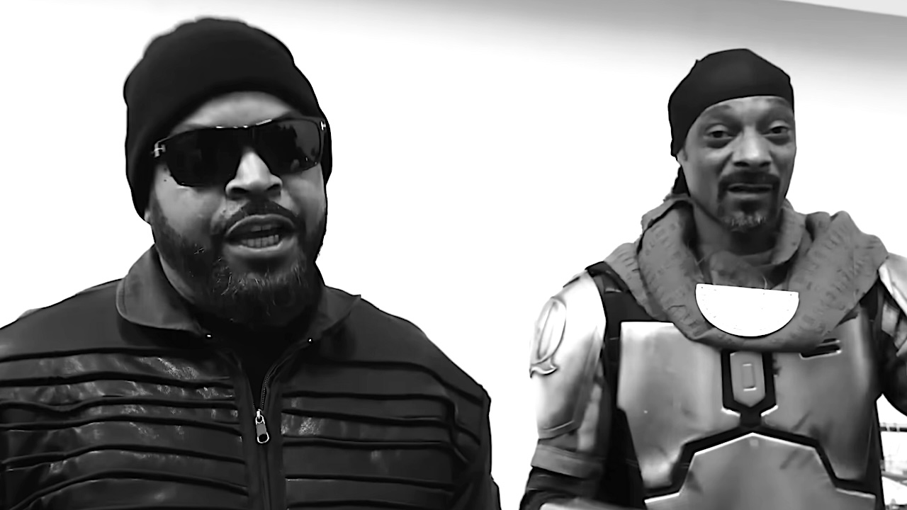 Ice Cube and Snoop Dogg in black-and-white music video for Mount Westmore&#039;s &quot;Bad MFs&quot;