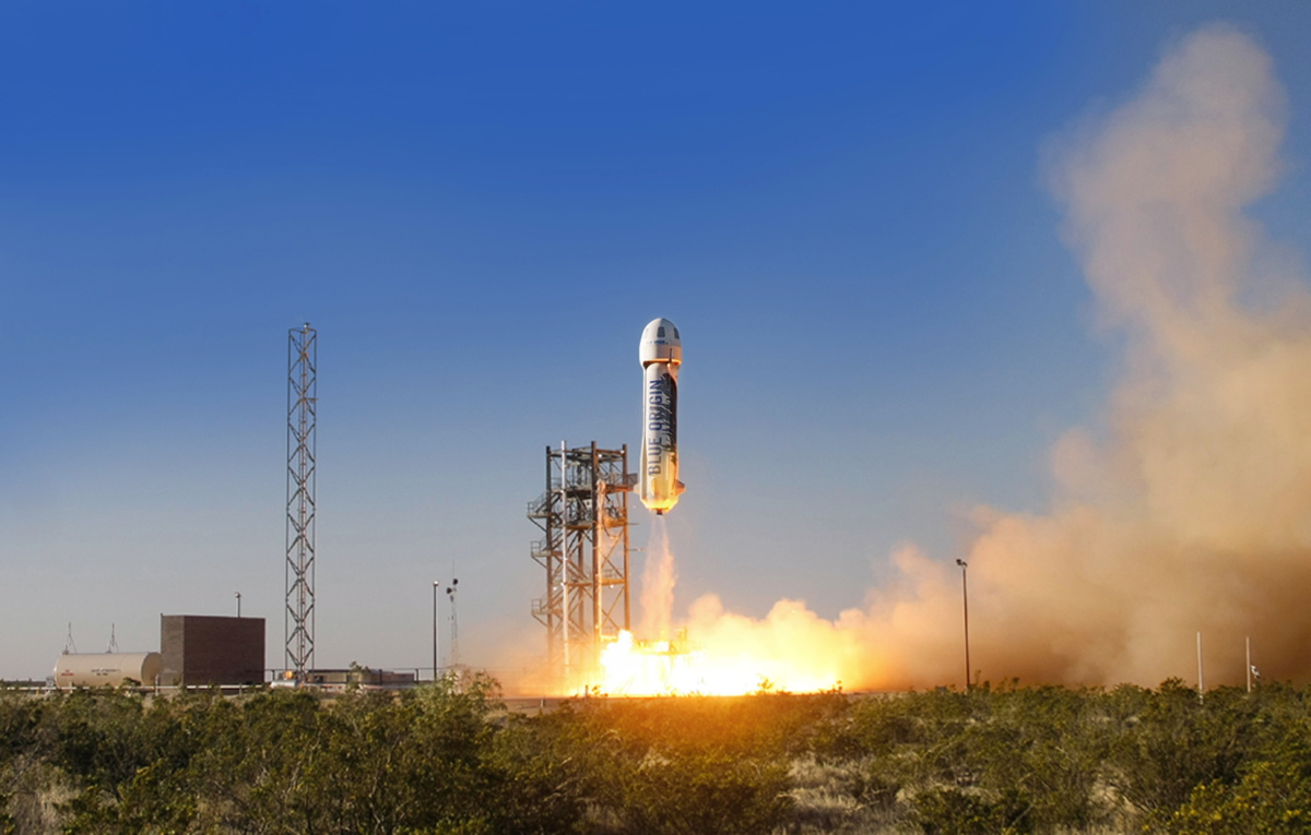 Blue Origin&#039;s privately built New Shepard passenger ship launches on a suborbtial test flight from West Texas on April 29, 2015.