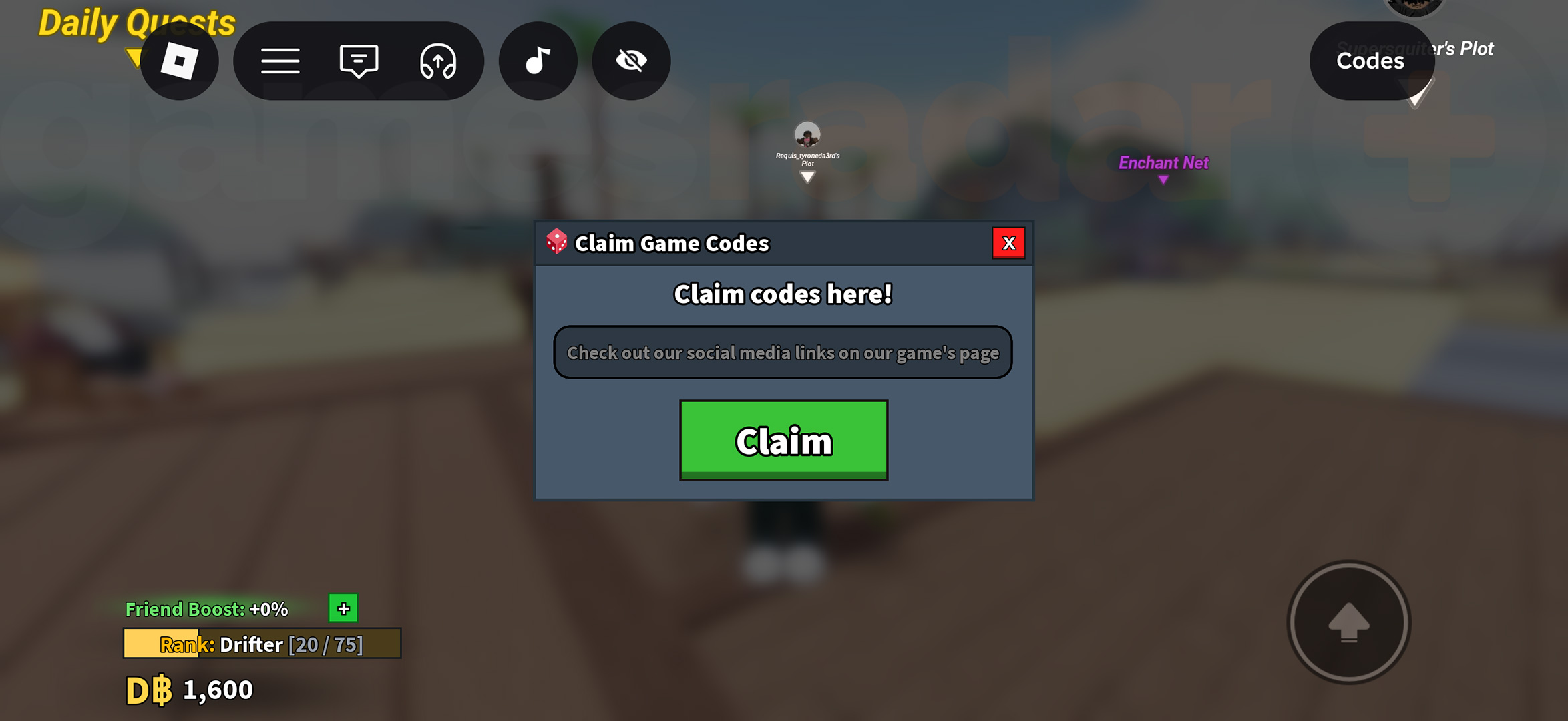 The menu to redeem Catch and Cook codes