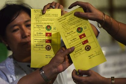 Poll workers in Myanmar.