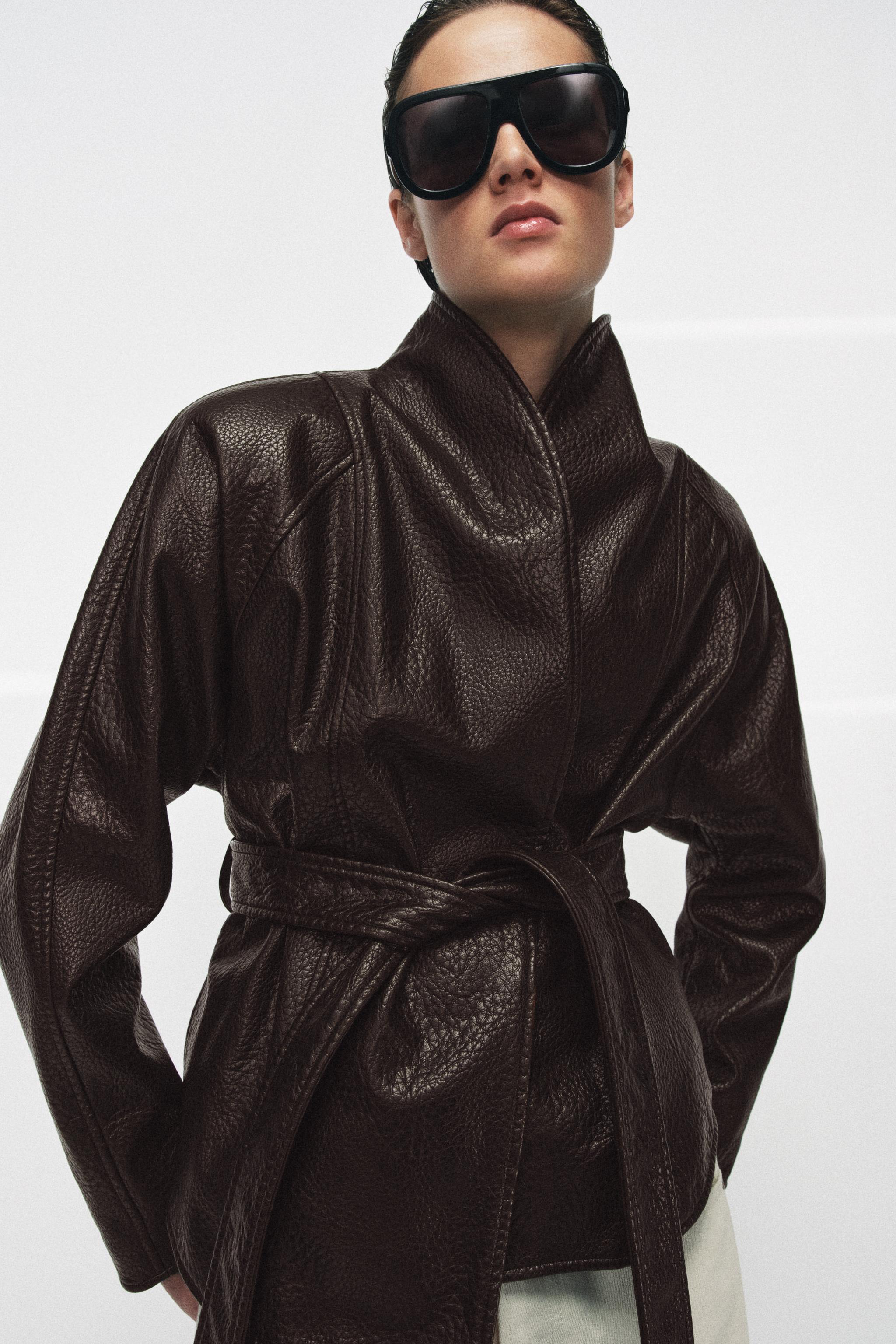 Zw Collection Faux Leather Belted Jacket