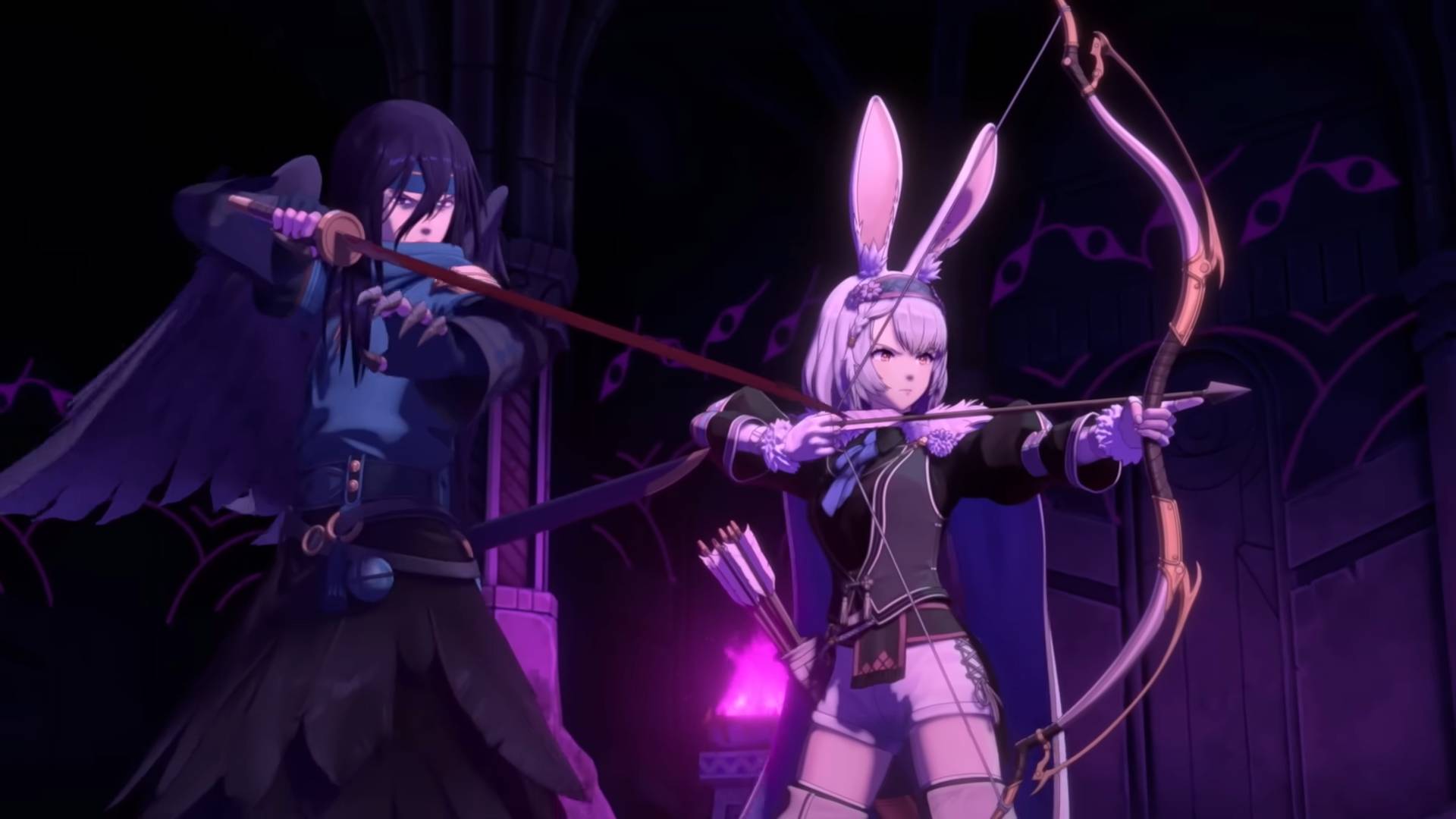 A screenshot from a cinematic in Fire Emblem Shadows, showing two characters preparing to attack.