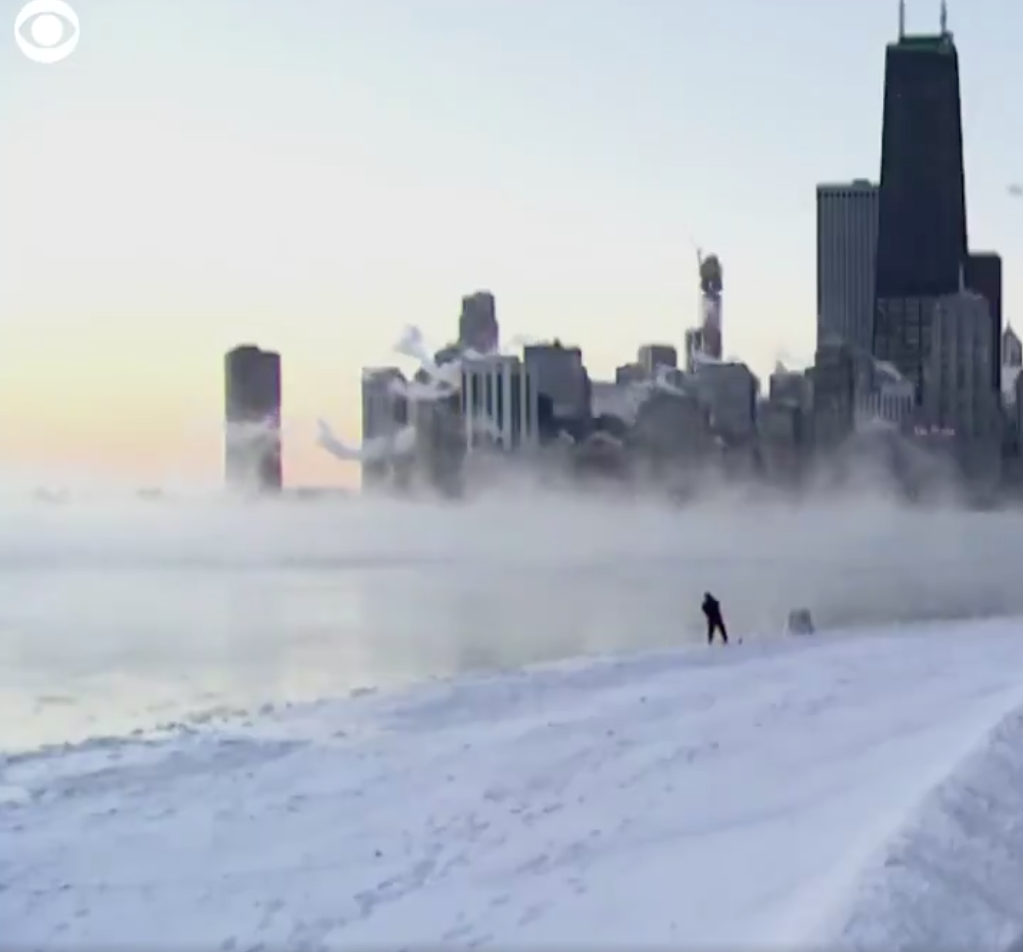 Steam rising off Lake Michigan.