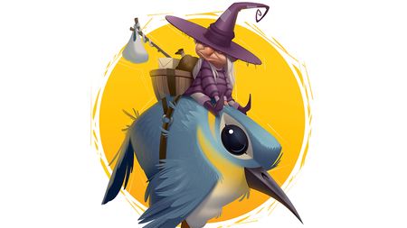 A character design showing a witch riding a bird