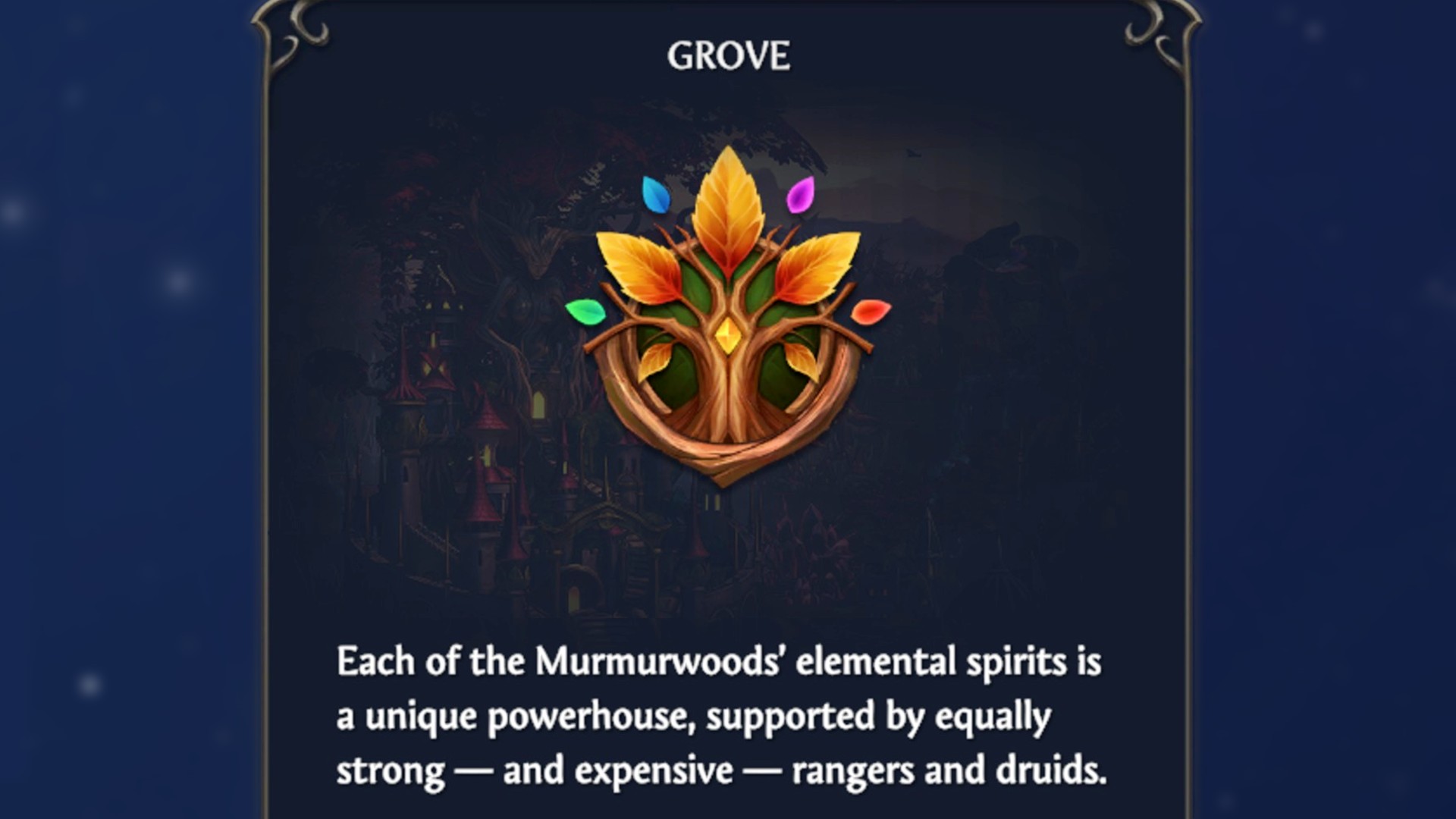 The Grove Faction description and their autumnal tree icon in HoMM Olden Era.