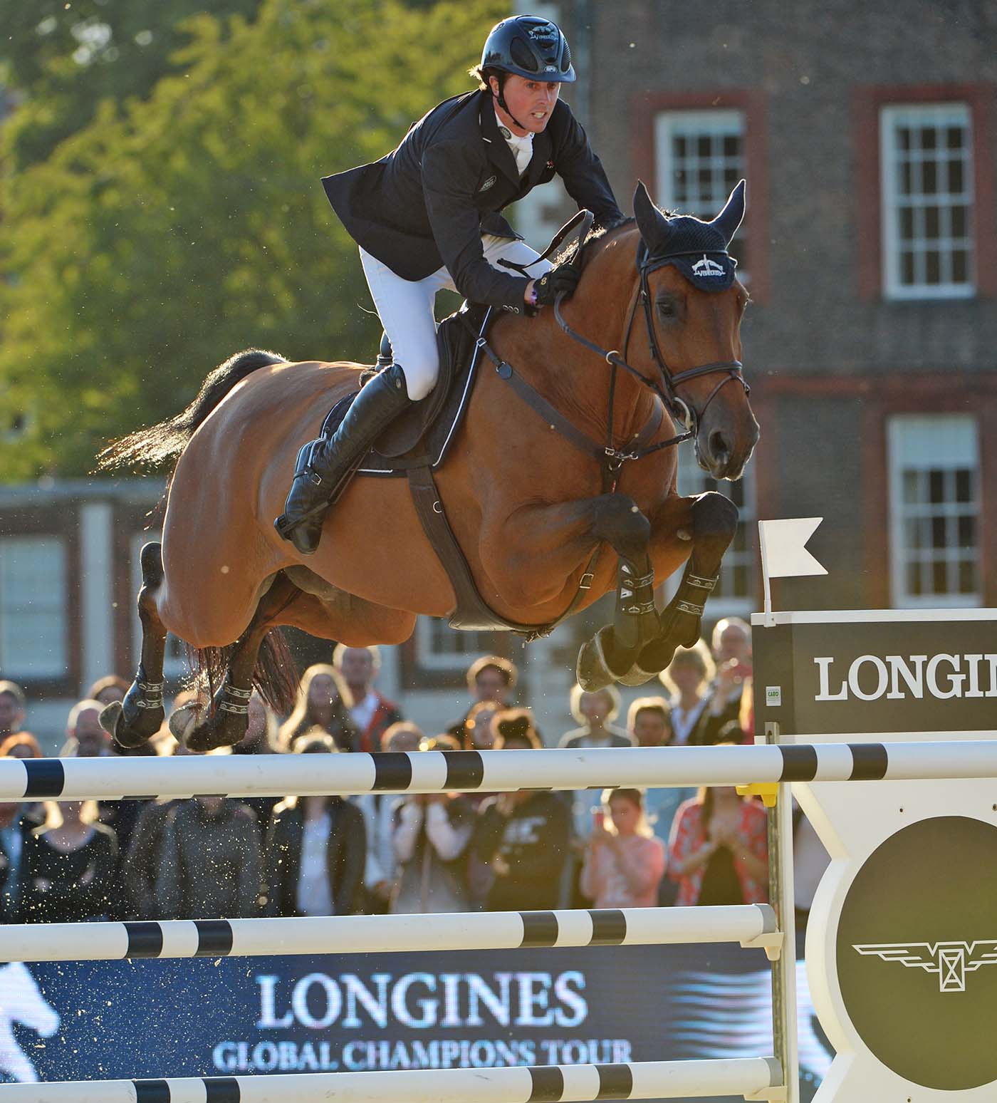 Ben Maher riding MTF MADAME X during Longines Global Champions Tour Grand Prix of London at Global Champions Tour of London 2017 held in the grounds of the Royal Hospital Chelsea in London in the UK between 4 - 6th August 2017