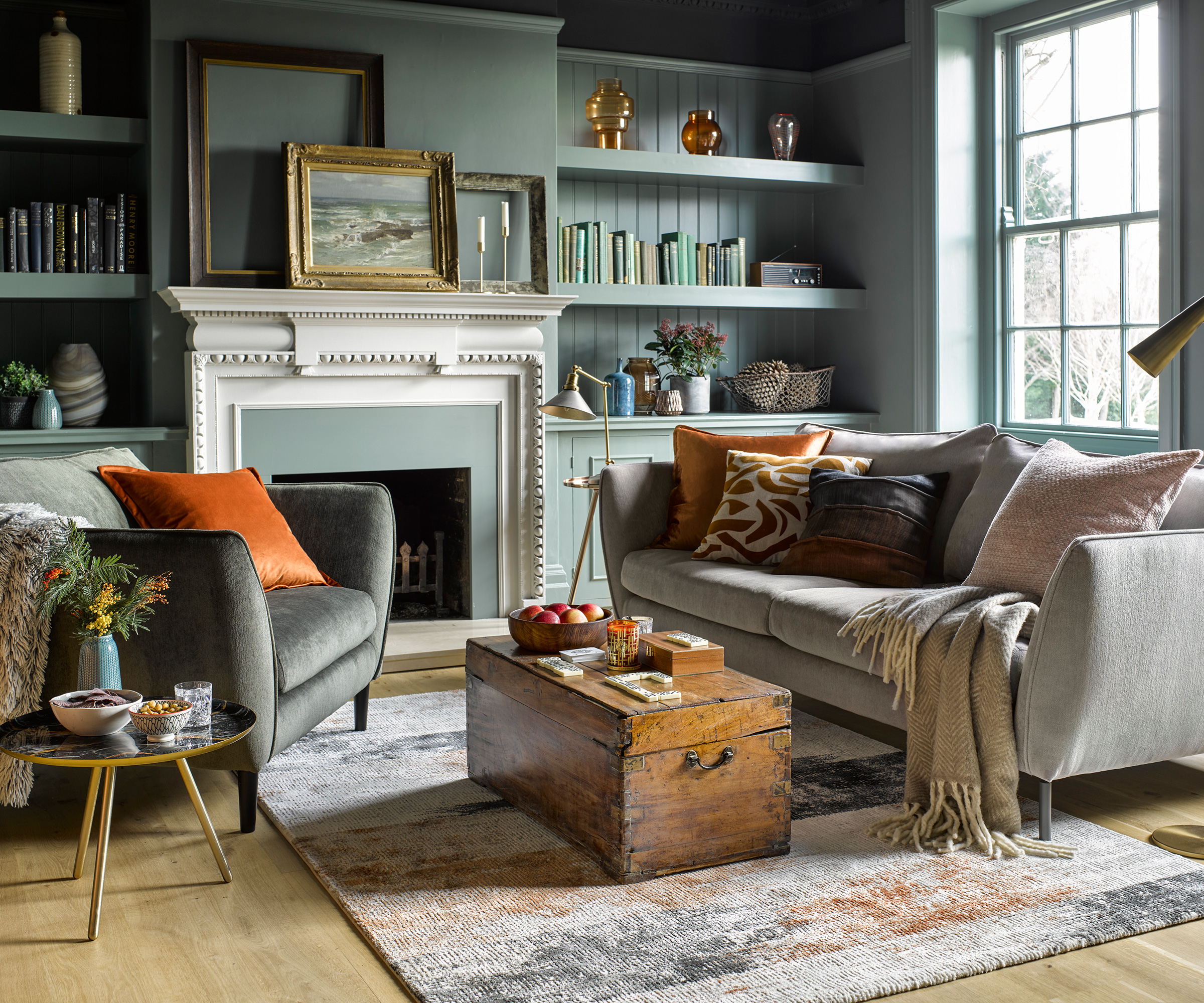 cosy grey living rom with alcove shelving