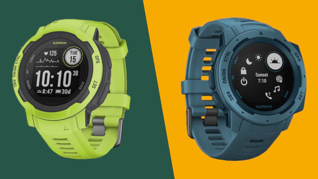 Garmin Instinct and Garmin Instinct 2 on green and yellow background