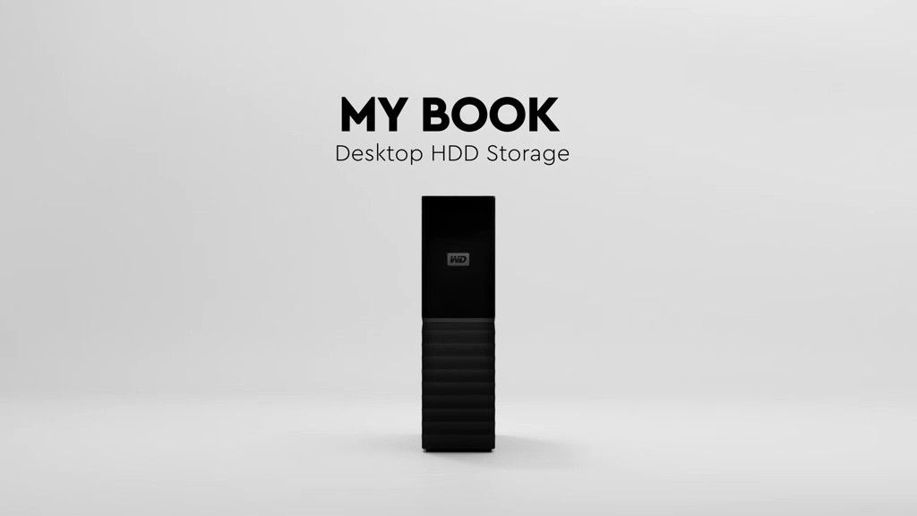 The Western Digital My Book against a white gradient. Text describes it as &quot;Desktop HDD storage&quot;.