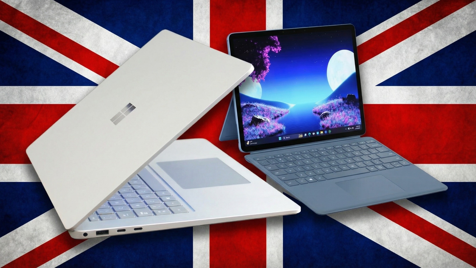 Microsoft Surface Laptop 7 and Surface Pro 12-inch on a United Kingdom flag background