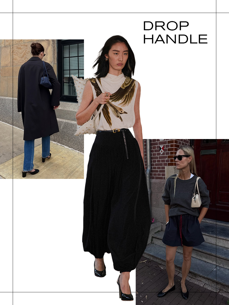 Women carrying drop-handle bags.