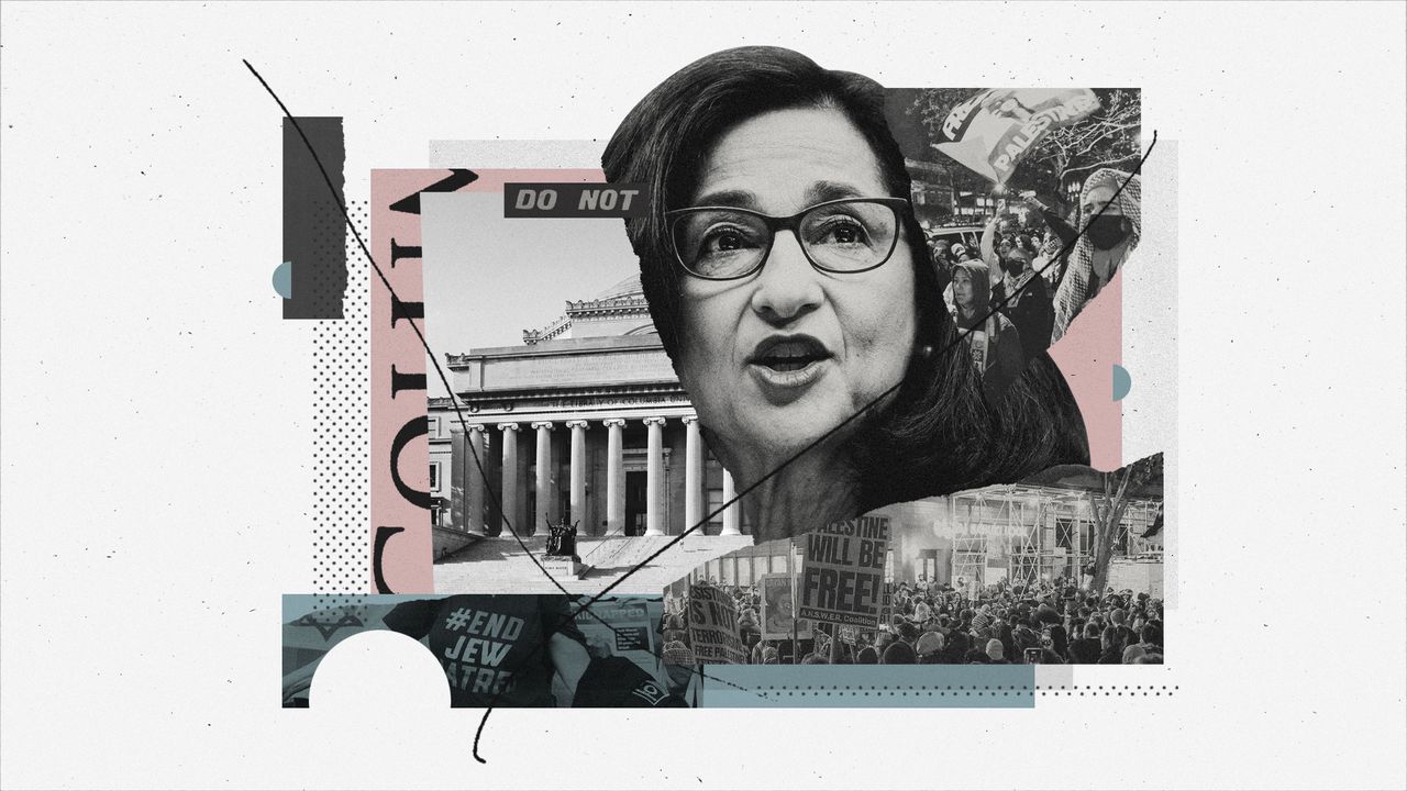 Photo montage of Columbia University president Minouche Shafik, campus grounds and pro-Palestine protests