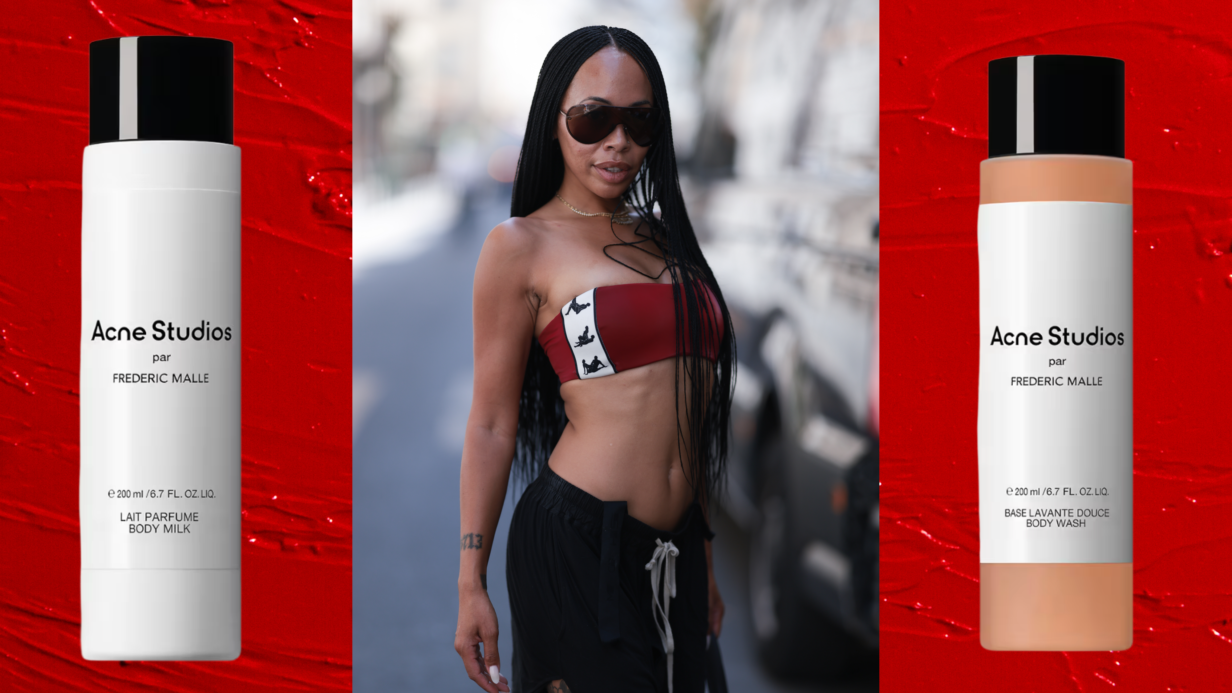 A woman with long braids wearing a red and white bandeau top and black pants. She is next to Fredric Malle x Acne Studio body wash and lotion.