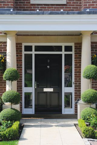 A modern black front door with pillars and decorative bushes either side