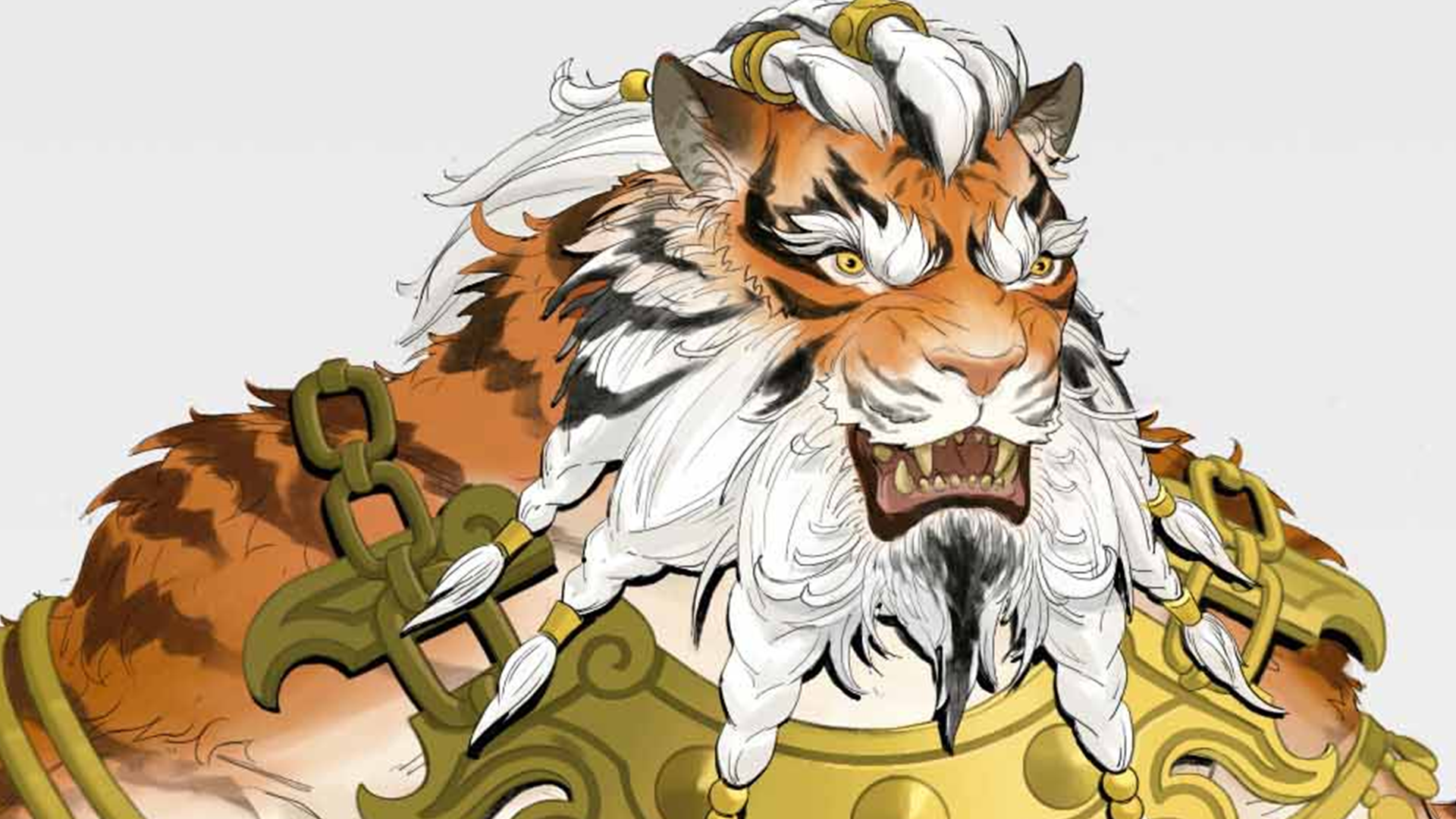 Concept art of a Tiger Warrior from Warhammer wearing golden jewelry.