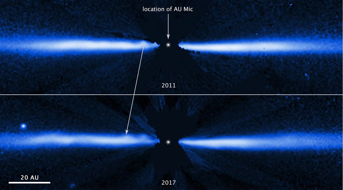 Hubble Space Telescope images of the debris disk surrounding a star called AU Microscopii show the same structure migrating outward.