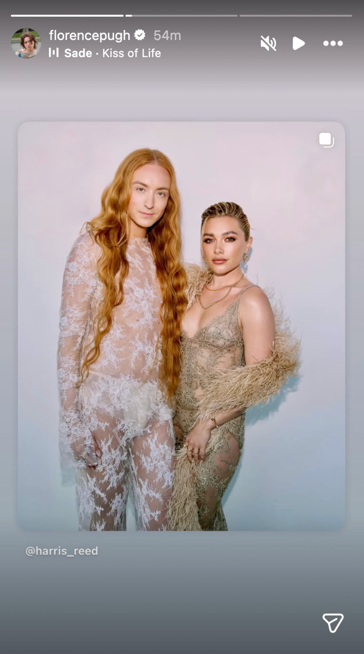 From Instagram Stories: Harris Reed wearing a lacy, sheer white outfit in birthday post with Florence Pugh, who is wearing a sheer tan dress with fur down her arms