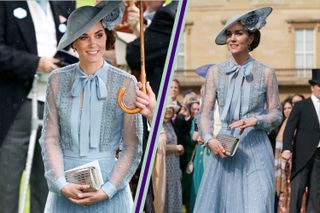 Kate Middleton at Ascot 2019 and split layout with Kate Middleton wearing same outfit to King Charles' garden party 2023